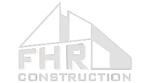 Logo for FHR Construction featuring stylized geometric shapes in light gray forming a simplified building silhouette above the bold letters FHR. The word CONSTRUCTION is in smaller letters beneath. This modern design, ideal for home renovation professionals, shines on a black background.