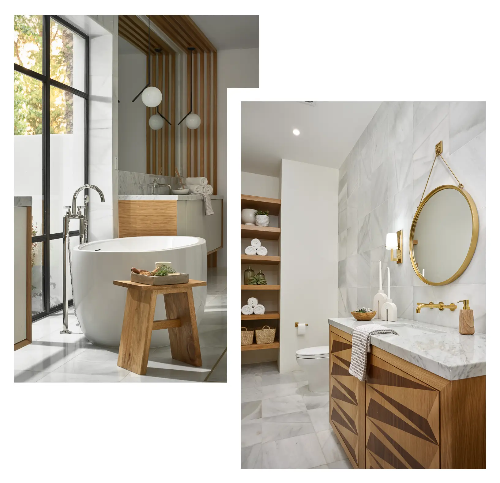 Elegant bathroom renovation with a freestanding oval tub beside a large window, wooden stool holding green towels and bath items. Adjacent image shows a vanity with a round mirror, wall-mounted lights, and open shelving with rolled towels. Marble walls and floors unify the space.