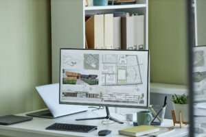 A computer monitor displays architectural plans, blueprints, and building renderings on a desk with a laptop, plant, stationery, and shelves in the background—perfect for showcasing professional Blueprint Design Services.