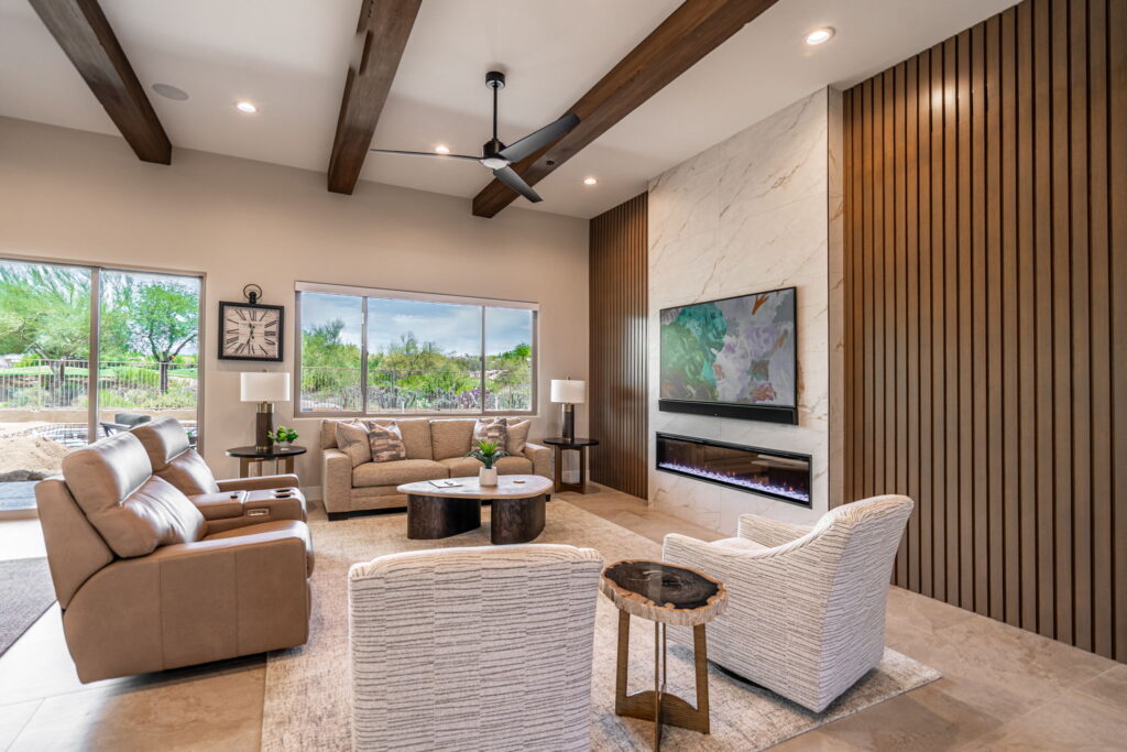 Modern living room with fireplace.