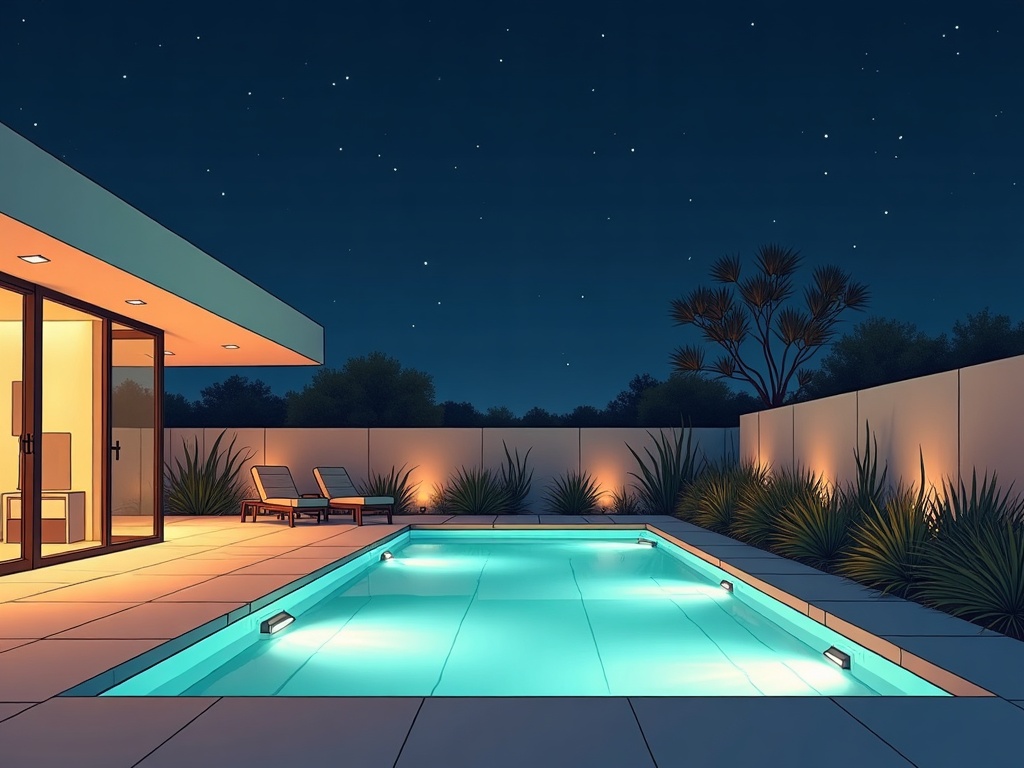 A contemporary water feature custom home remodeling installation illuminated at night with submersible LED lighting in a Paradise Valley courtyard