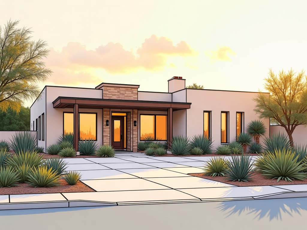 Curb appeal custom home remodeling completed on a high-value luxury residence in Paradise Valley with stone facade accents and desert landscaping at golden hour