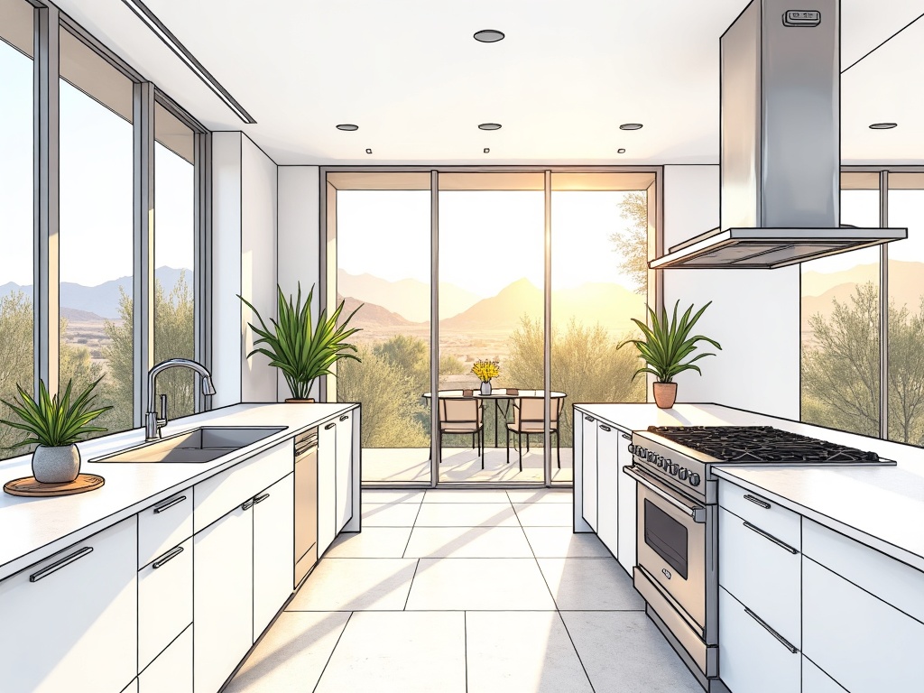 Bright luxury kitchen remodel interior showing the result of choosing remodeling vs buying a new luxury home, with custom cabinetry and mountain views in Paradise Valley