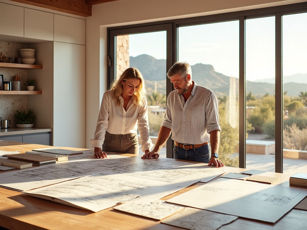 A luxury renovation design consultation with a homeowner and designer reviewing plans — showing how does design build work for home renovation at a high-end showroom