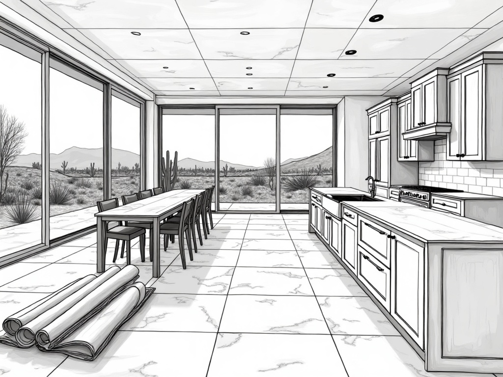 An in-progress luxury kitchen renovation showing design drawings and material samples on a custom island — illustrating the advantages of in house design and construction of coordinating design and construction with one team.