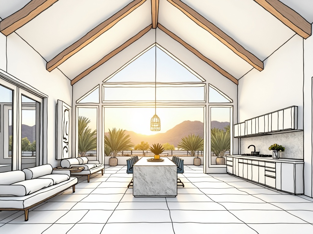 Interior of a completed custom home build in <span class="av_sa_city">Scottsdale</span> <span class="av_sa_state">AZ</span> featuring cathedral ceilings, a chef's kitchen with book-matched stone island, and high-end cabinetry crafted by <span class="av_keyword">Drafting Services Luxury Home Renovation</span> specialists