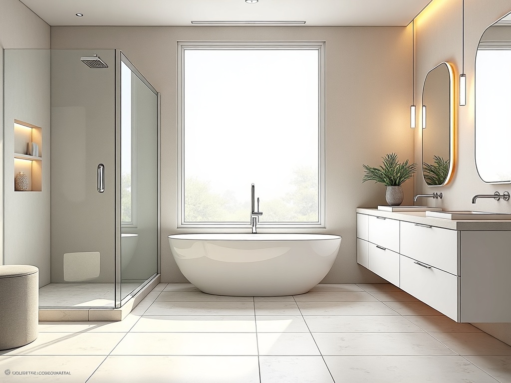 A spa-style primary suite bathroom completed as part of a luxury home remodeling project featuring bookmatched porcelain slab walls and custom vanity