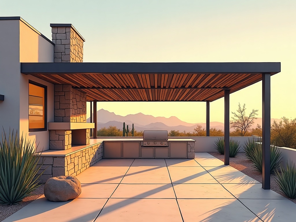 A custom outdoor living area with louvered pergola and fireplace built during a full luxury home remodeling project in the Scottsdale Arizona desert