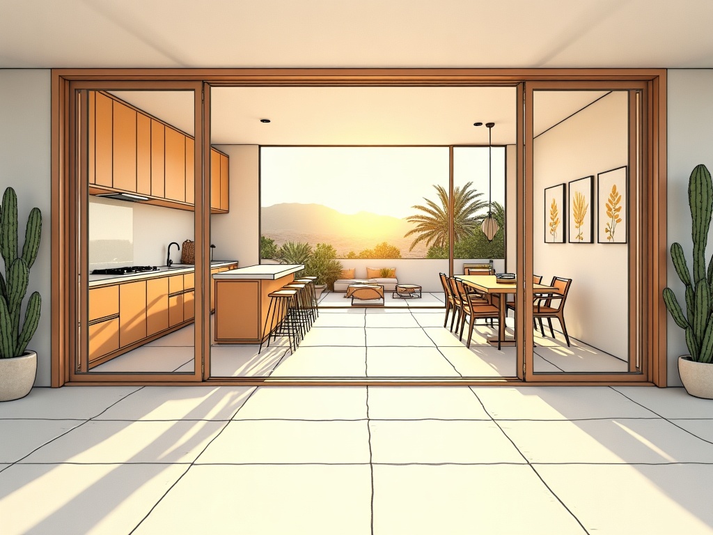 A finished luxury design build great room in <span class="av_sa_city">Scottsdale</span> featuring open bi-fold glass walls, warm wood cabinetry, and natural stone surfaces — the result of <span class="av_keyword">Drafting Services Luxury Home Renovation</span> by FHR Construction.