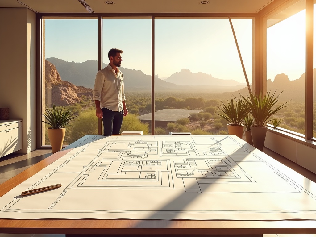 Detailed luxury home renovation floor plans laid out on a professional drafting table as part of comprehensive drafting services for a high-end Scottsdale residence