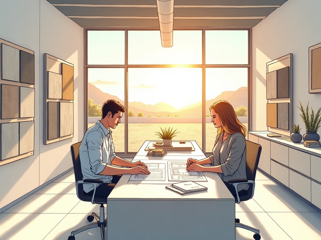 Two professionals reviewing architectural plans during a luxury renovation design build consultation free in a high-end remodeling showroom with material samples on display