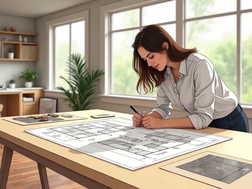 Two professionals reviewing architectural plans during a luxury renovation design build consultation free in a high-end remodeling showroom with material samples on display