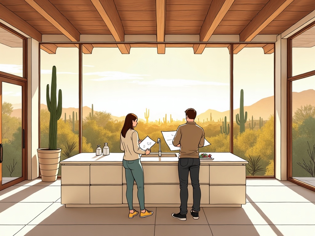 A luxury home renovation contractor reviewing architectural plans with homeowners in a Scottsdale estate kitchen — expert guidance for buying a home to renovate luxury
