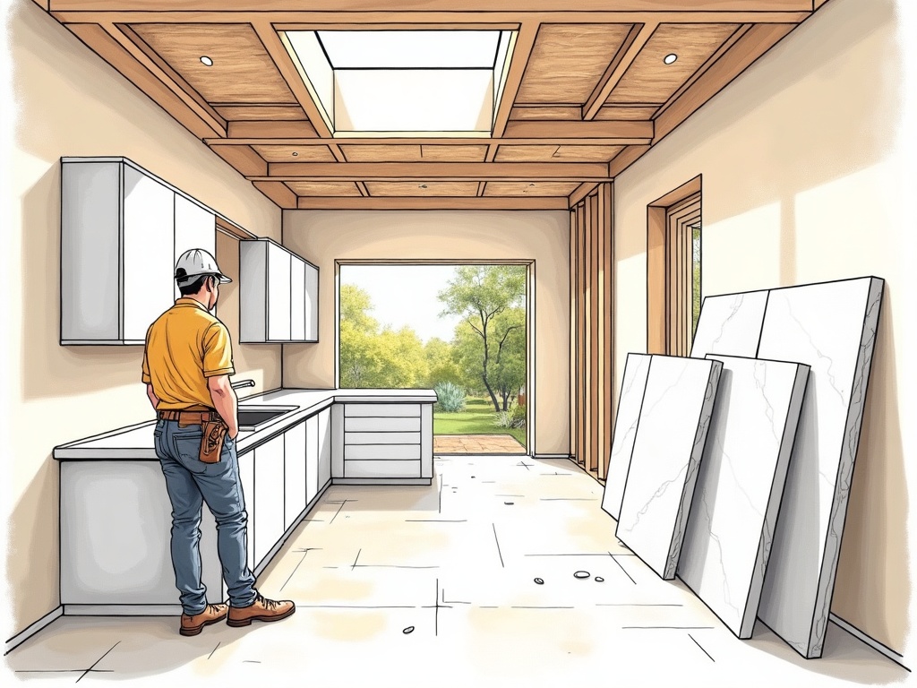 A luxury home renovation contractor reviewing architectural plans with homeowners in a Scottsdale estate kitchen — expert guidance for buying a home to renovate luxury