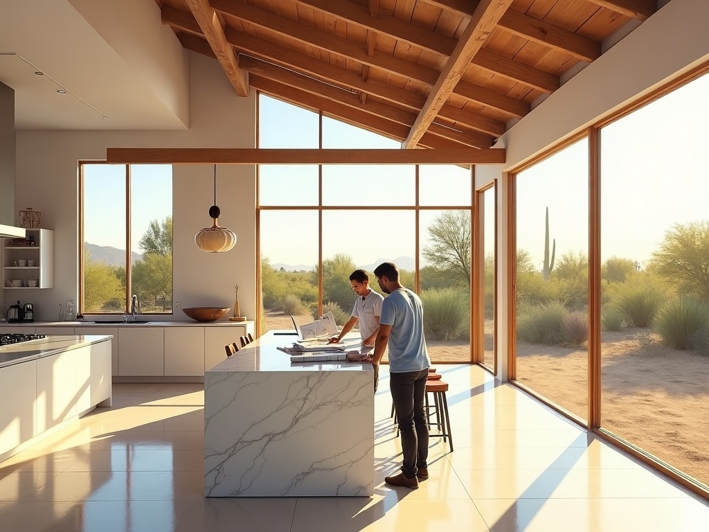 How a Design-Build Team Makes Decisions Together — So You're Never Caught in the Middle how renovation decisions are made with a design build team shown as two professionals reviewing architectural plans and finish samples together at a marble kitchen island in a luxury Arizona home renovation