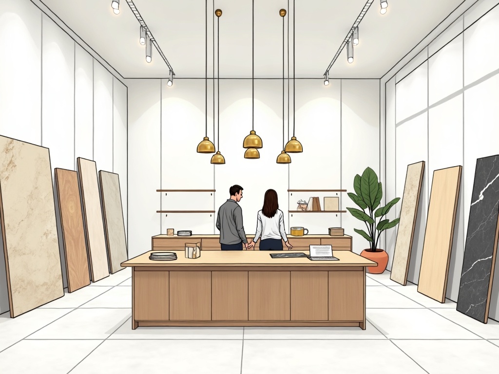 How a Design-Build Team Makes Decisions Together — So You're Never Caught in the Middle how renovation decisions are made with a design build team shown as two professionals reviewing architectural plans and finish samples together at a marble kitchen island in a luxury Arizona home renovation