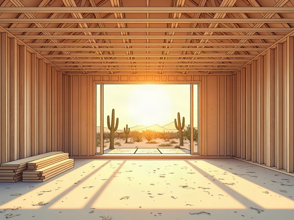 What to Expect When You Hire a Primary Suite Addition Contractor: A Room-by-Room Planning Guide a primary suite addition contractor framing a spacious luxury bedroom addition with open rafters and desert landscape visible through a large window opening