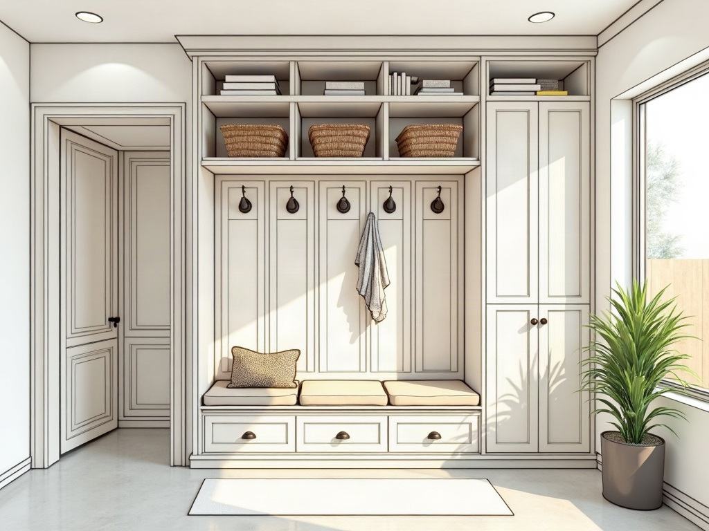 Finished custom mudroom built-in storage with floor-to-ceiling shaker cabinetry, individual cubbies, and a built-in storage bench in a luxury home