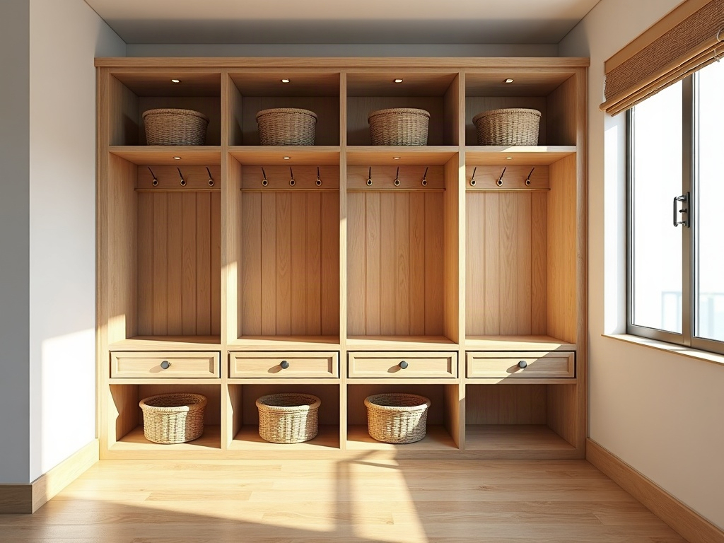 Finished custom mudroom built-in storage with floor-to-ceiling shaker cabinetry, individual cubbies, and a built-in storage bench in a luxury home