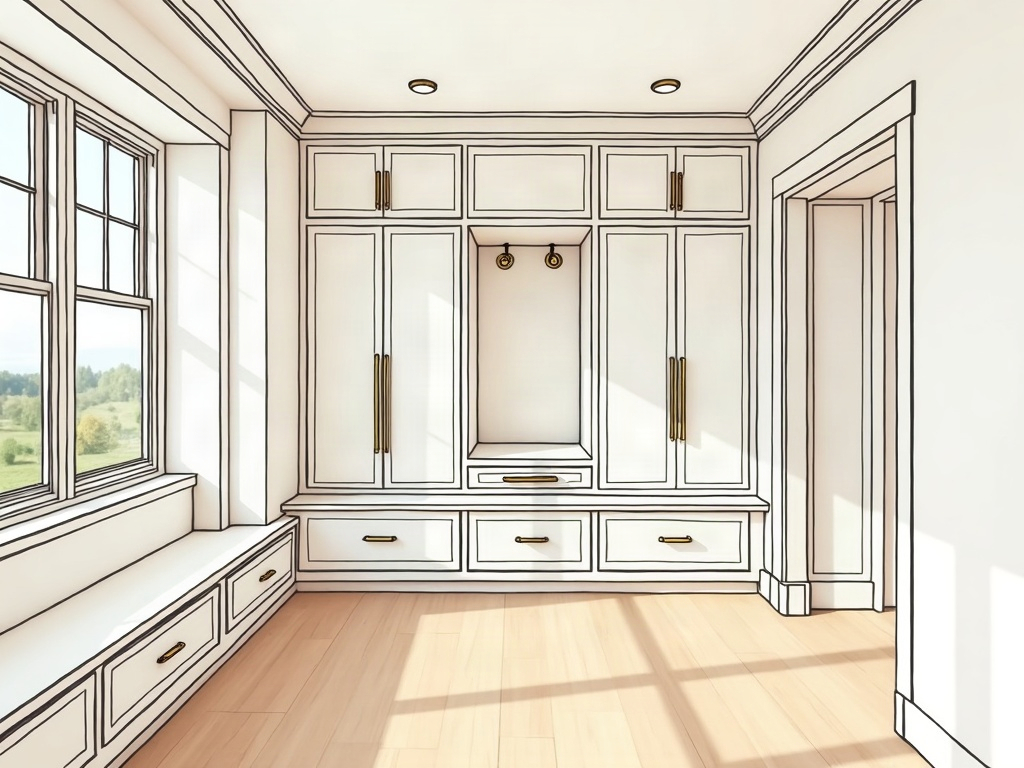 Finished custom mudroom built-in storage with floor-to-ceiling shaker cabinetry, individual cubbies, and a built-in storage bench in a luxury home