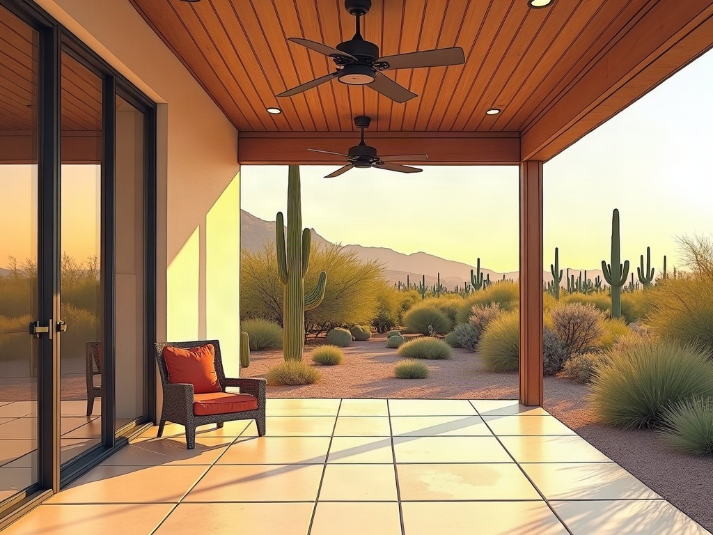 A finished screened porch addition luxury with travertine floors and wood ceiling details on a high-value desert contemporary home at golden hour
