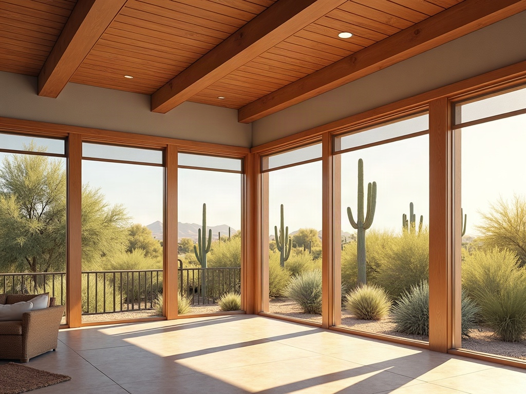 Enjoy Your Outdoor Living Space Year-Round: The Comfort Gains of a Luxury Screened Porch Addition A finished screened porch addition luxury with travertine floors and wood ceiling details on a high-value desert contemporary home at golden hour
