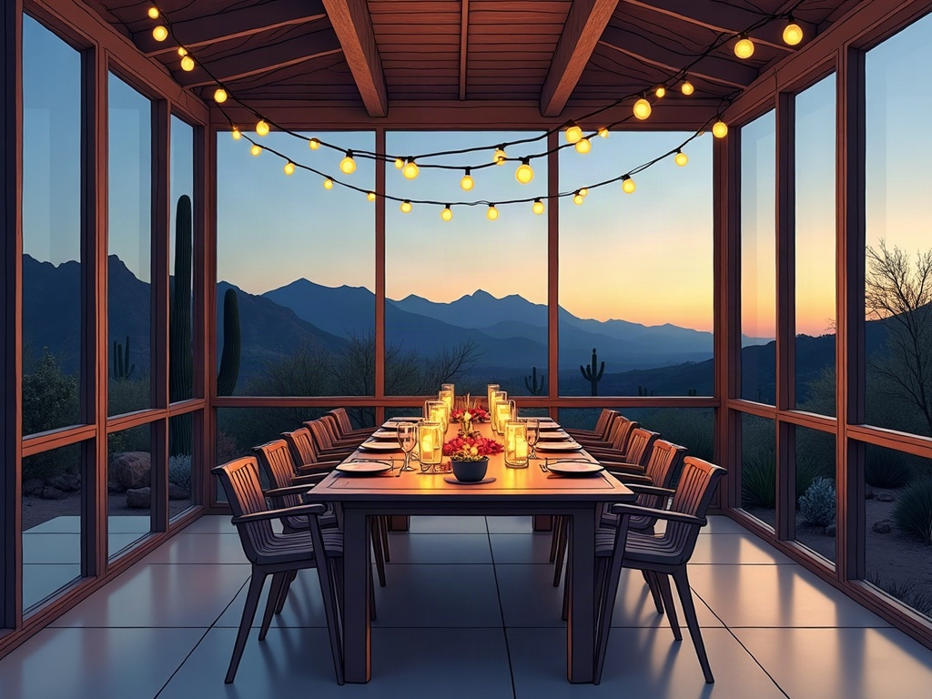 Enjoy Your Outdoor Living Space Year-Round: The Comfort Gains of a Luxury Screened Porch Addition A finished screened porch addition luxury with travertine floors and wood ceiling details on a high-value desert contemporary home at golden hour