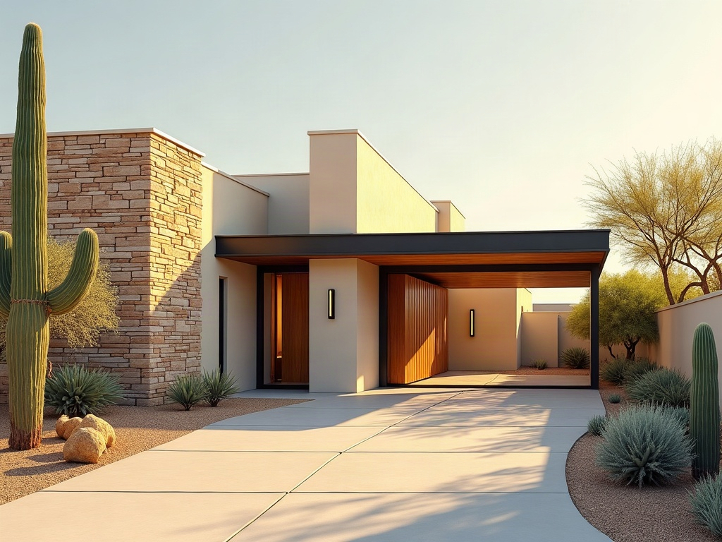 A high-end Arizona desert home exterior featuring smooth stucco, natural stone cladding, and a steel pivot door — the result of a thoughtful luxury home exterior renovation