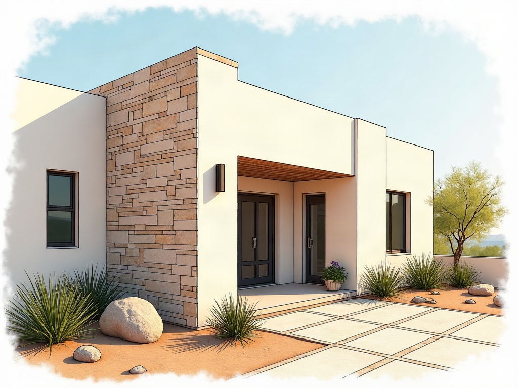 A high-end Arizona desert home exterior featuring smooth stucco, natural stone cladding, and a steel pivot door — the result of a thoughtful luxury home exterior renovation