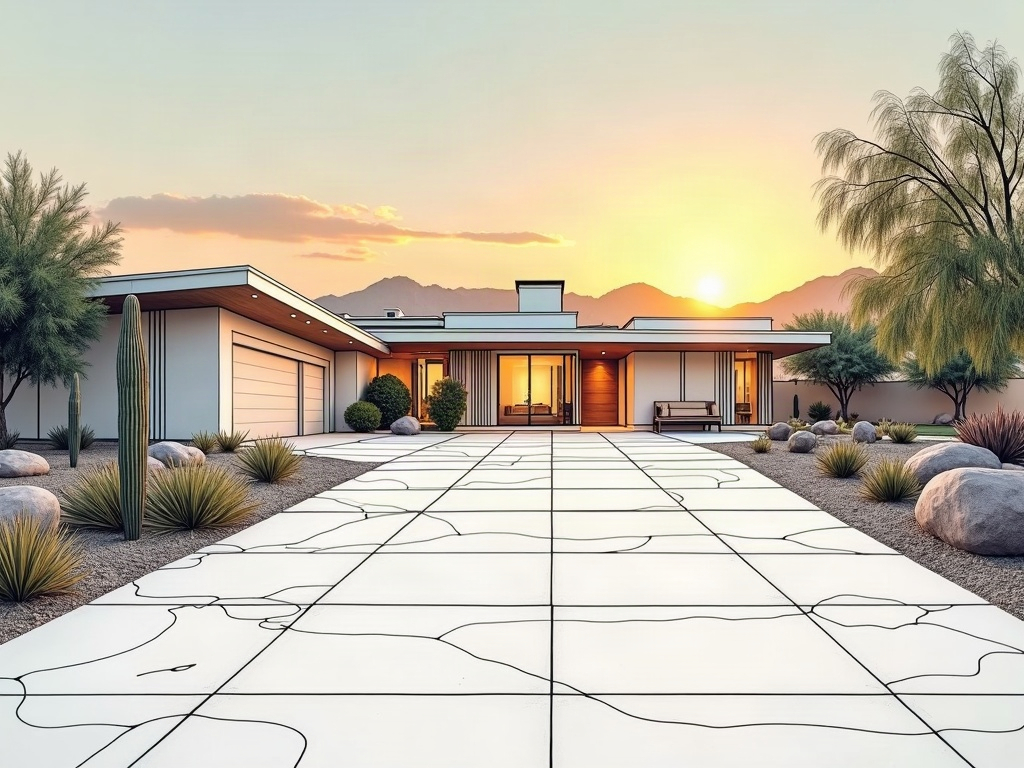 A high-end Arizona desert home exterior featuring smooth stucco, natural stone cladding, and a steel pivot door — the result of a thoughtful luxury home exterior renovation